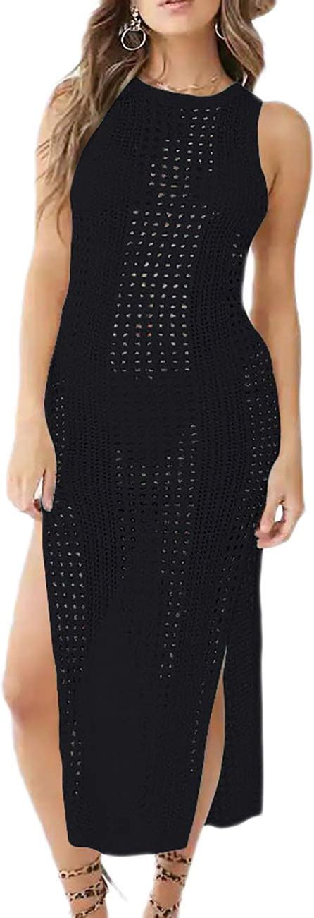 Bsubseach Women Black Hollow Out Sleeveless Bikini Swimsuit Cover Up Swimwear Side Split Crochet