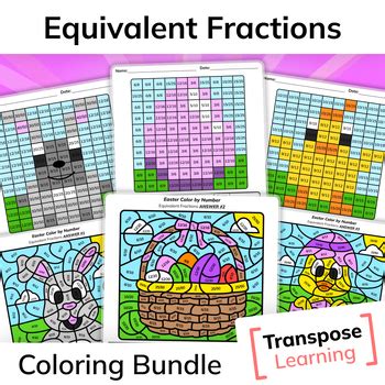 Equivalent Fractions Easter Math Coloring Worksheet Bundle TPT