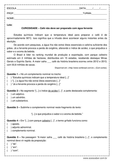 Exercícios De Complemento Nominal E Adjunto Adnominal Com Gabarito Pdf