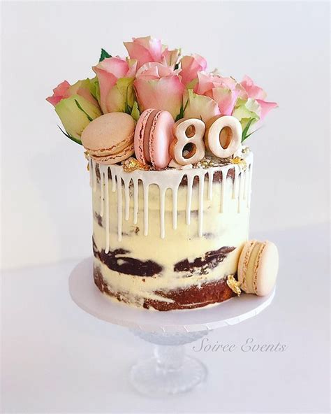 Semi Naked Drip Cake With Fresh Roses And Macarons Soiree