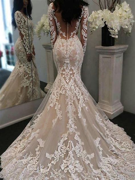 Vintage Inspired Mermaid Lace V Neck Wedding Dress With Long Sleeves G