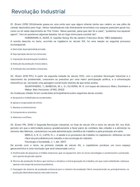 Gabarito Com Resolução Das Questões de Revolução Industrial História ...