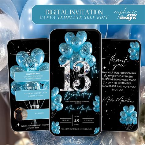 13th Birthday Party Invitation Light Sky Blue Balloons Digital 13th