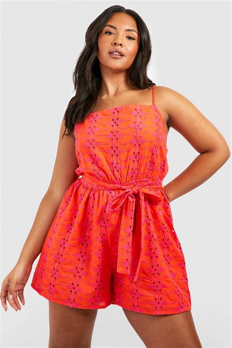 Plus Broderie Tie Belt Playsuit Boohoo Uk