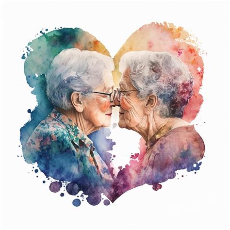 Premium Photo Ai Generative Watercolor Illustration Of Two Gay Grandmothers Kissing A Mature