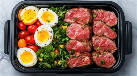 Fresh meal prep featuring lean meats, eggs, and colorful vegetables for