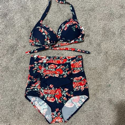 Cocoship Swim Retro Pink Blue Floral Halter High Waist Bikini Set Halter Poshmark