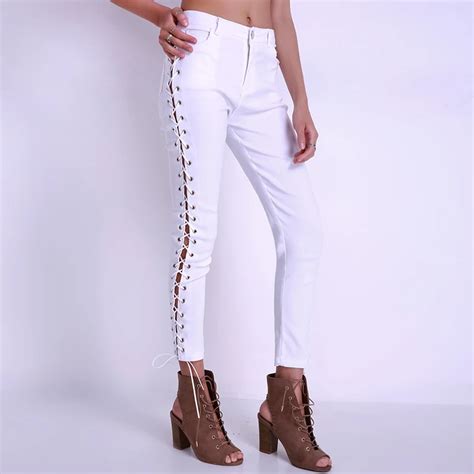 Autumn Women High Waist Jeans Side Lace Up Bandage Cotton Jeans Skinny