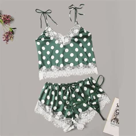 Pc Femmes Satin Dentelle Soie Camisole Shorts String Ensemble Impression Pyjama Lingerie