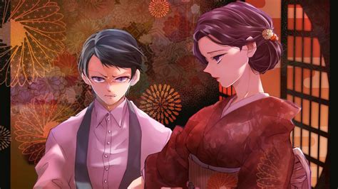 Demon Slayer Tamayo Yushiro Sitting With Background Of Texture And