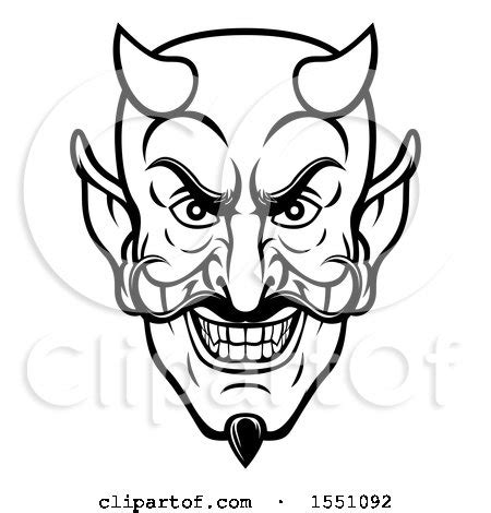 Clipart of a Black and White Grinning Evil Devil Face - Royalty Free ...