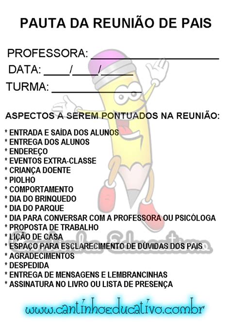 Pauta Para Reuni O De Pais Cantinho Educativo