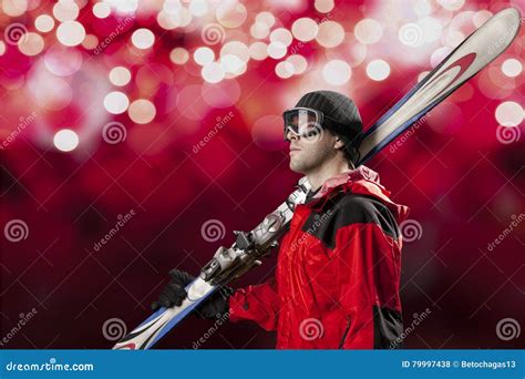 Skier Holding A Pair Of Skis Stock Photo Image Of Mountain