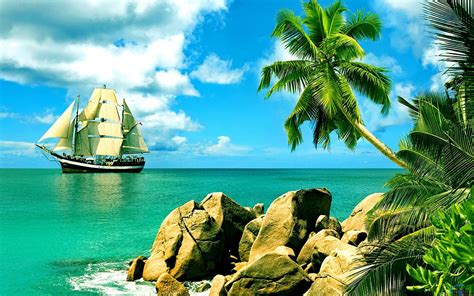 Wallpaper Ship Sea Bay Rock Nature Clouds Beach Coast Palm