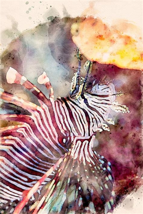 Digitally Created Watercolor Painting Of Dangerous Lionfish Hovering