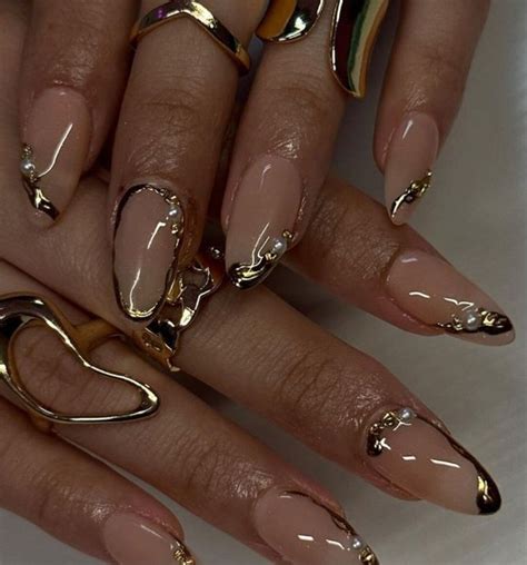 Luxury Custom Nails Free Style Long Nails Party Nails Nude Nails French Tip Gold Nails Trendy