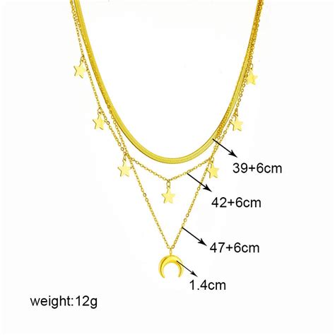 Fashion Waterproof Jewelry 18k Gold Plated Stainless Steel Moon And Star Necklaces Multi Layered