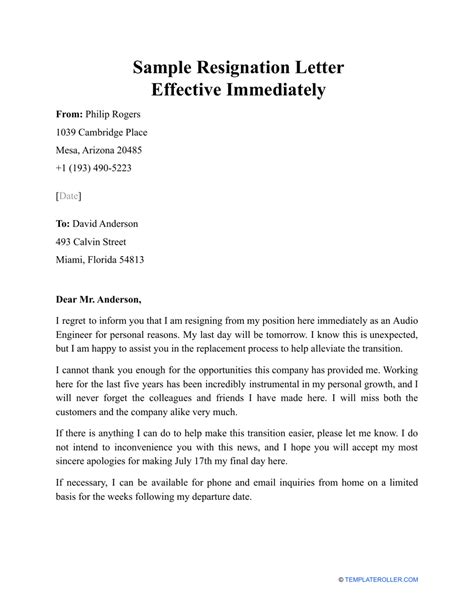 Sample Resignation Letter Effective Immediately Download Printable Pdf Templateroller