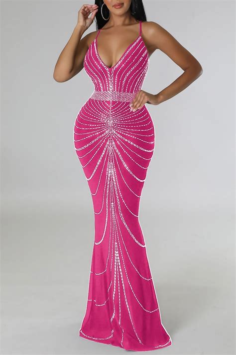 Wholesale Purple Sexy Patchwork Hot Drilling Backless Spaghetti Strap Long Dress Dresses K87867