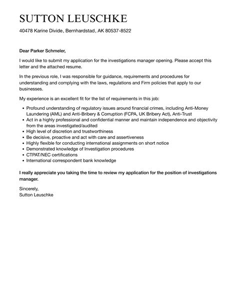 Investigations Manager Cover Letter Velvet Jobs