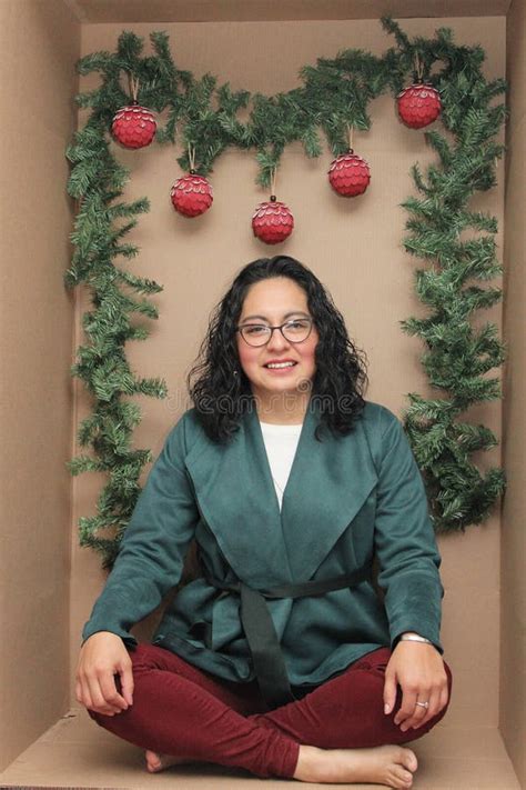 Latina Year Old Woman With Glasses Inside A Cardboard Box Decorated As A Gift To Celebrate