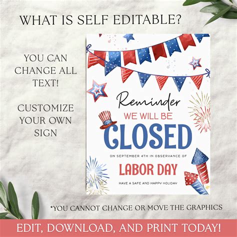 Editable Labor Day Closed Sign Template Printable Store Closed Door