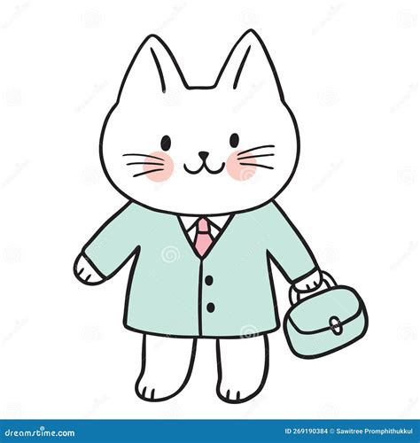 Cartoon Cute Character Funny White Cat Working Vector. Stock ...