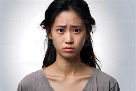 AI generated Sad crying Asian young adult woman portrait on light grey ...