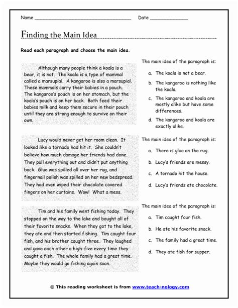 Reading Main Idea Worksheet