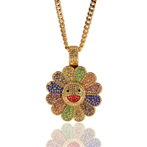 Sunflower Sun Pendant Necklace Gold For Men Iced Out Hip Hop Jewelry