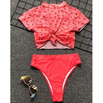Emmiol Free Shipping 2025 Short Sleeve Mesh Love Triangle Bikini Three Piece Set Red M In Bikini