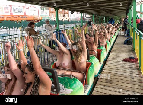 Naked Thrill Seekers Ride The Green Scream Roller Coaster On A Very Cold Morning At Adventure