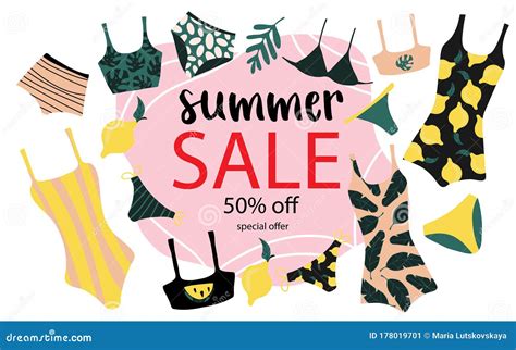 Summer Sale Banner With Doodle Swimsuite Bikini Background Exotic Fruit Design For Banner