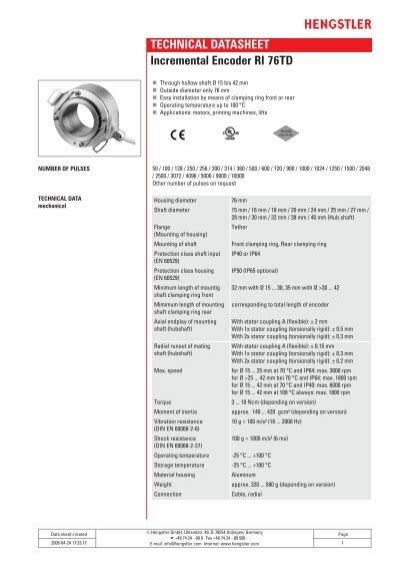 TECHNICAL DATASHEET Incremental Encoder Hengstler GmbH