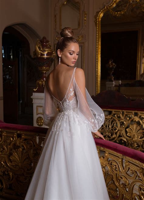 V-Neck Sheer Long Sleeve A-Line Wedding Dress – HAREM's Brides