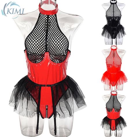 KIMI Women Bodysuit Lingerie Set PU Leather Mesh Sexy Solid Color Wet Look Shopee Malaysia