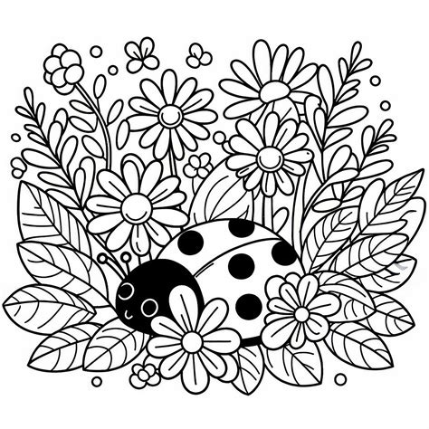 Marienkäfer Ausmalbild - Marienkäfer versteckt sich zwischen Blumen: Kostenloses Ausmalbild