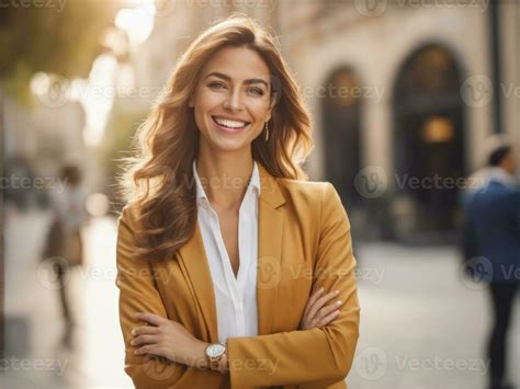 Young Happy Smiling Business Woman Standing Outdoor On Street Ai