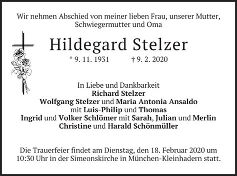 Traueranzeigen Von Hildegard Stelzer Trauer Merkur De