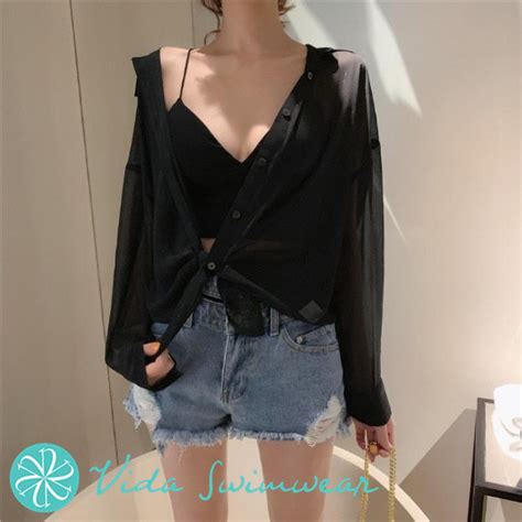 Chiffon Polo Shirt Bikini Cover Up Sheer Cardigan Over Size Shirt