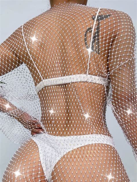 SHEIN SXY Rhinestone Studded Fishnet Mesh Dress Without Lingerie Set SHEIN USA