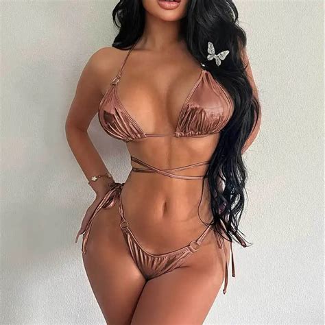 Solid Color Pleated Swimsuit Women Two Piece Thong Bikini Sexy Triangle Cup Swimwear Halter