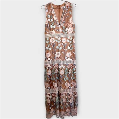 Badgley Mischka Dresses Belle Badgley Mishka Dress Sz Maxi Gown Nude Lace Floral Lace Poshmark