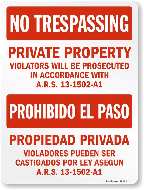 Arizona Bilingual Private Property No Trespassing Sign Sku S2 5046