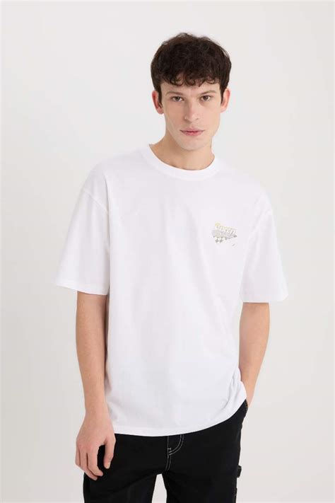 Beyaz Erkek Pamuk Hot Wheels Boxy Fit Bisiklet Yaka S Rt Bask L K Sa Kollu Ti Rt