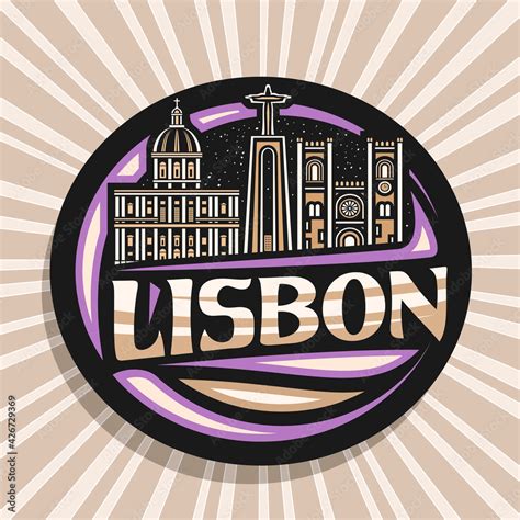 Vector Logo For Lisbon Dark Decorative Sign With Outline Illustration