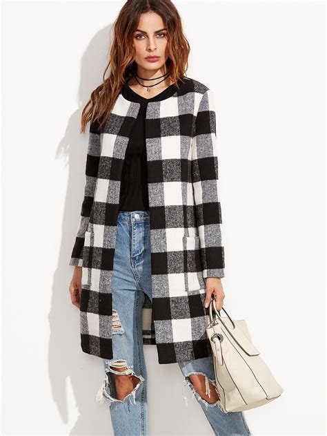 Checkered Open Front Collarless Coat Emmacloth Women Fast Fashion Online