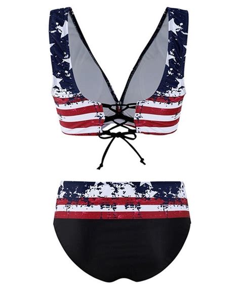Emmiol Free Shipping 2025 Star And Stripe Print Cross Bandage High Waist Bikini As The Picture S