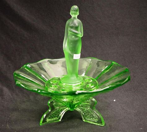 Green Depression Glass Bowl With Nude Lady Stand Australian Themes Makers Glass