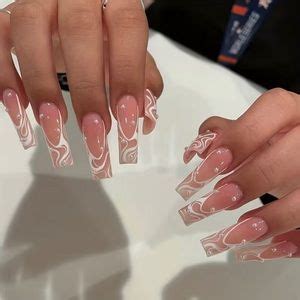 Princess C Makeup New Long Coffin Press On Nude Pink With White Swirl Line Design Poshmark